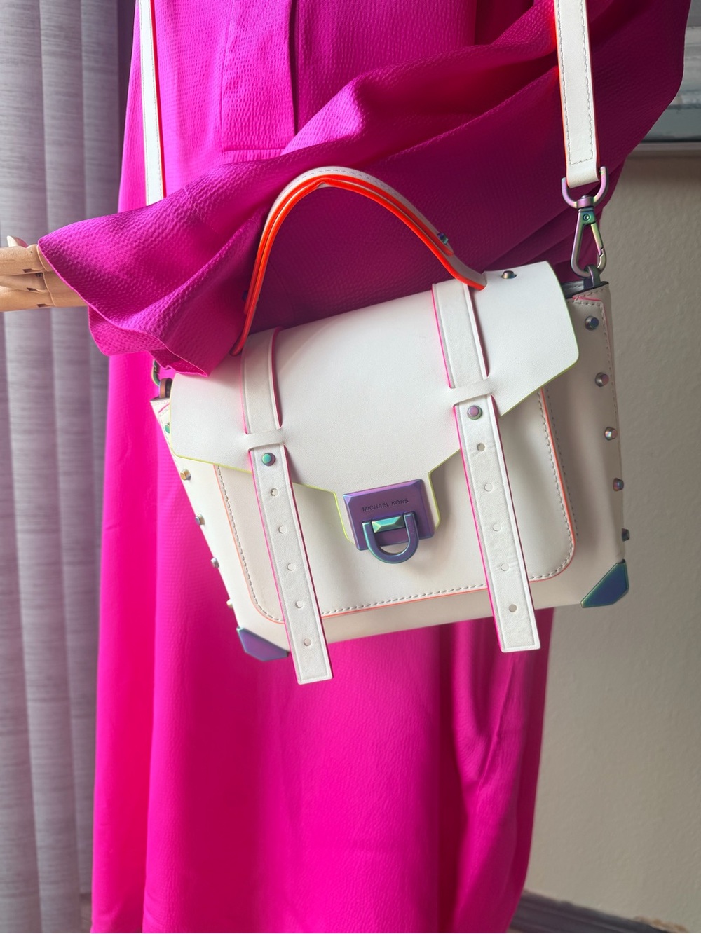 Michael Kors White Leather Satchel with Neon Pink, Yellow & Orange Trim 🌈